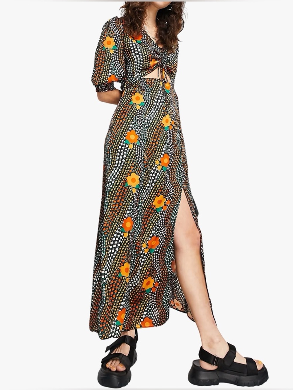 Topshop Blend Geo Floral Cut-Out Midi Dress Size US 2 NWT